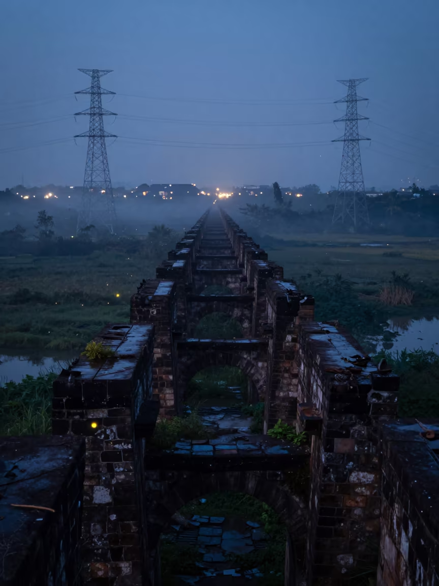 Fireflies Over Ancient Aqueduct at Dusk in beneath transmission towers in Vietnam