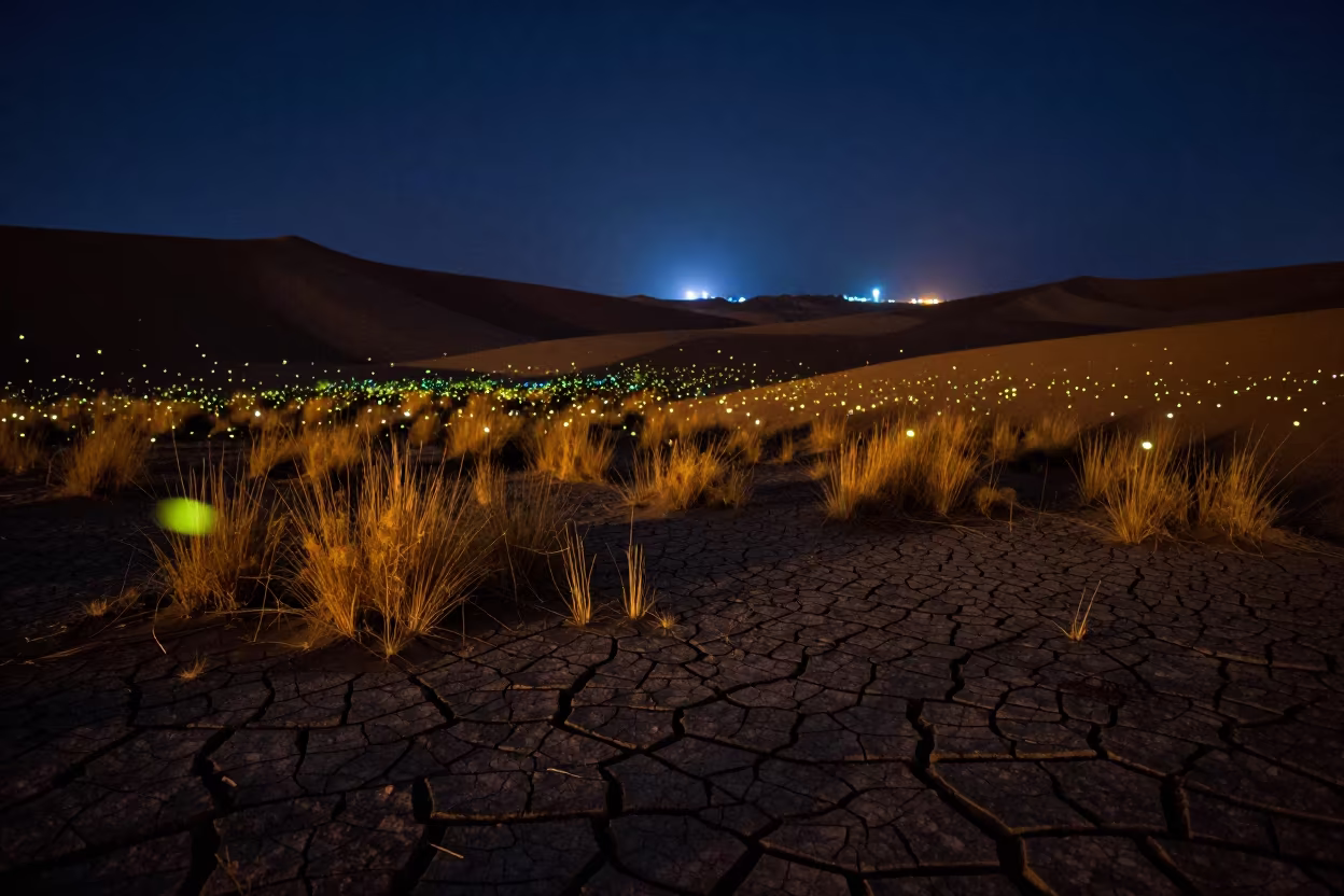 Fireflies Over Gobi Desert Night Rim Light in beneath a dark-sky overlook in the Gobi Desert