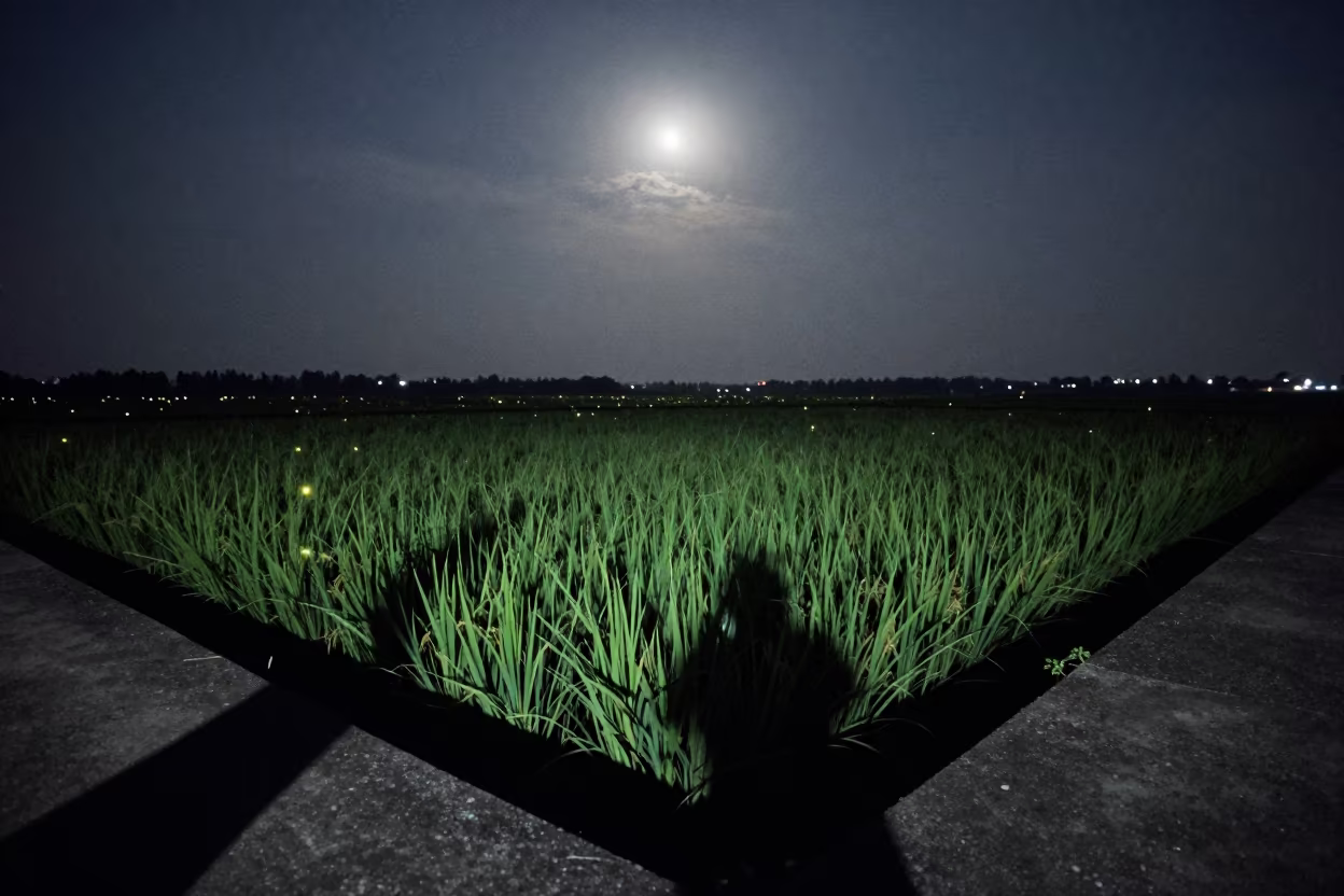 Fireflies Over Ningbo Rice Fields at Predawn in from a moonlit breakwater near Ningbo