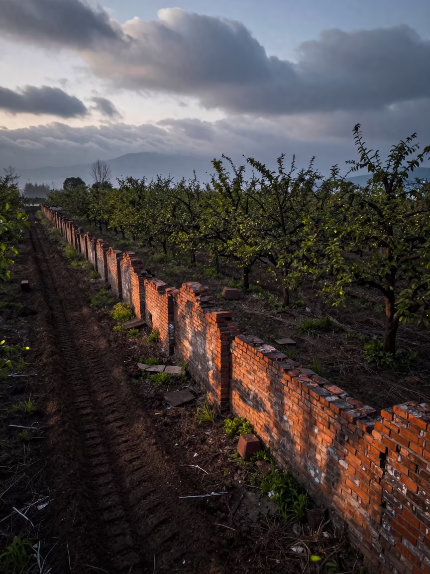 Fireflies Over Orchard Wall at Dawn in beside a tractor track through dark soil near Fuzhou