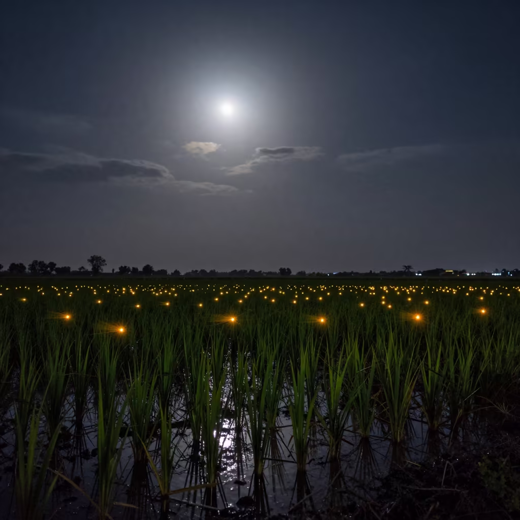 Fireflies Over Rice Fields Lahore Night in beneath thin cloud gaps and stars near Lahore