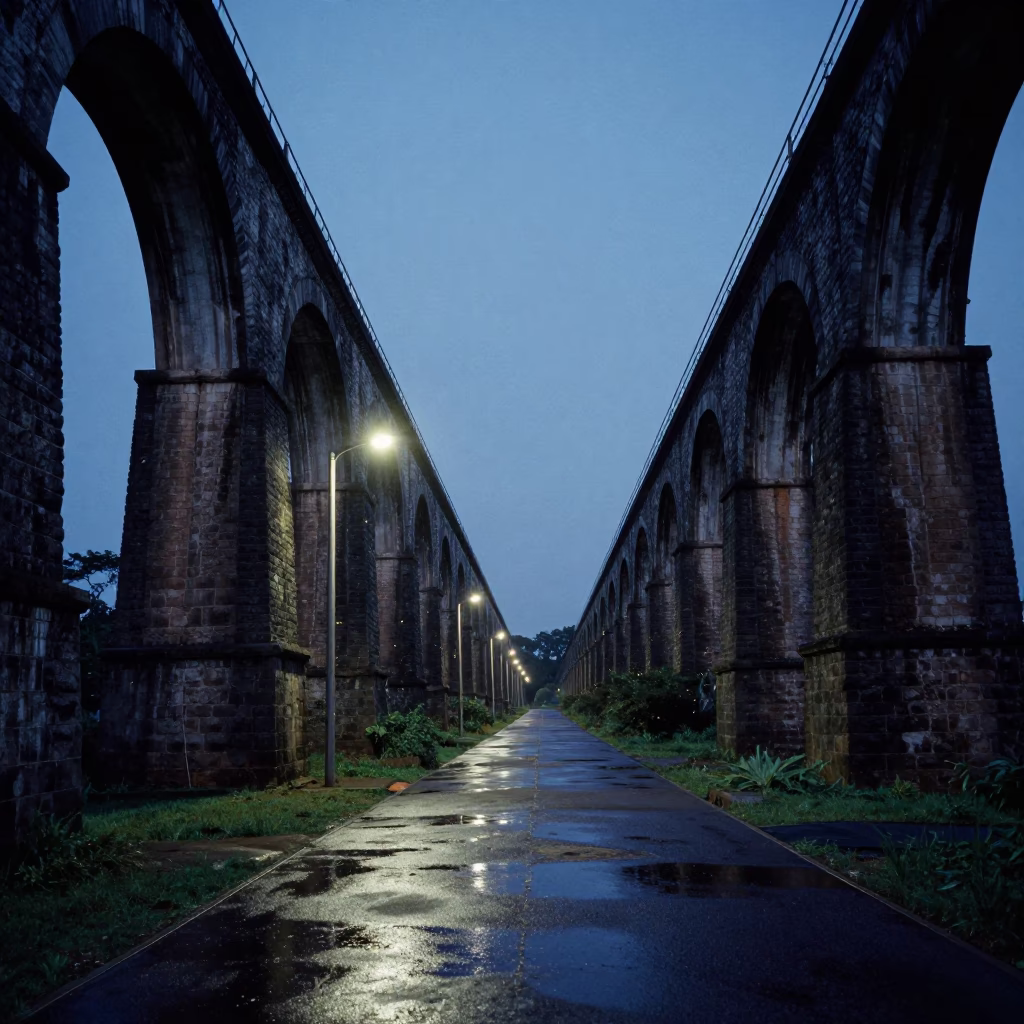 Fireflies Over Ruined Aqueduct at Dusk in under a cable-stayed bridge span near Nairobi
