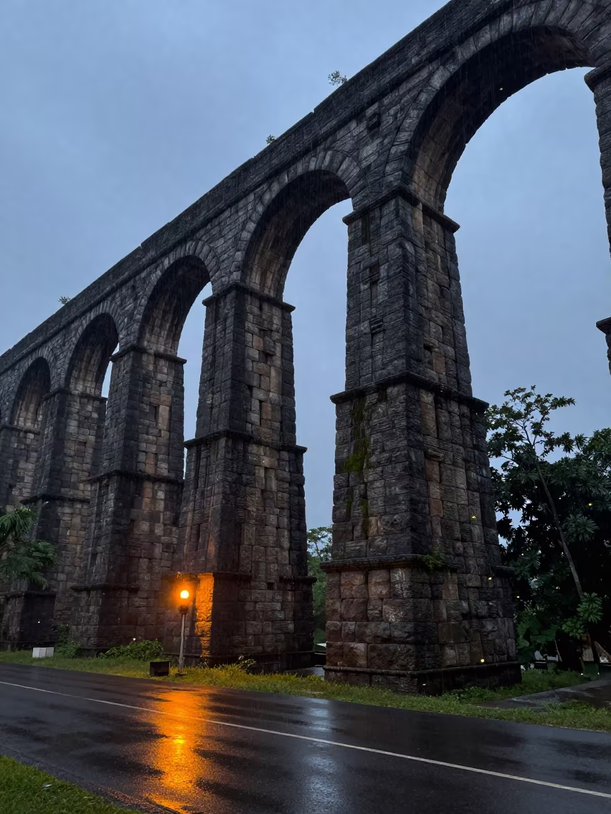 Fireflies Over Ruined Aqueduct Twilight in across a windy overpass interchange in Myanmar