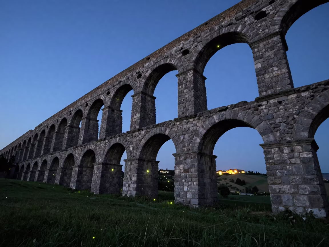 Fireflies Over Tuscan Aqueduct at Dusk in along a dam spillway in Tuscany