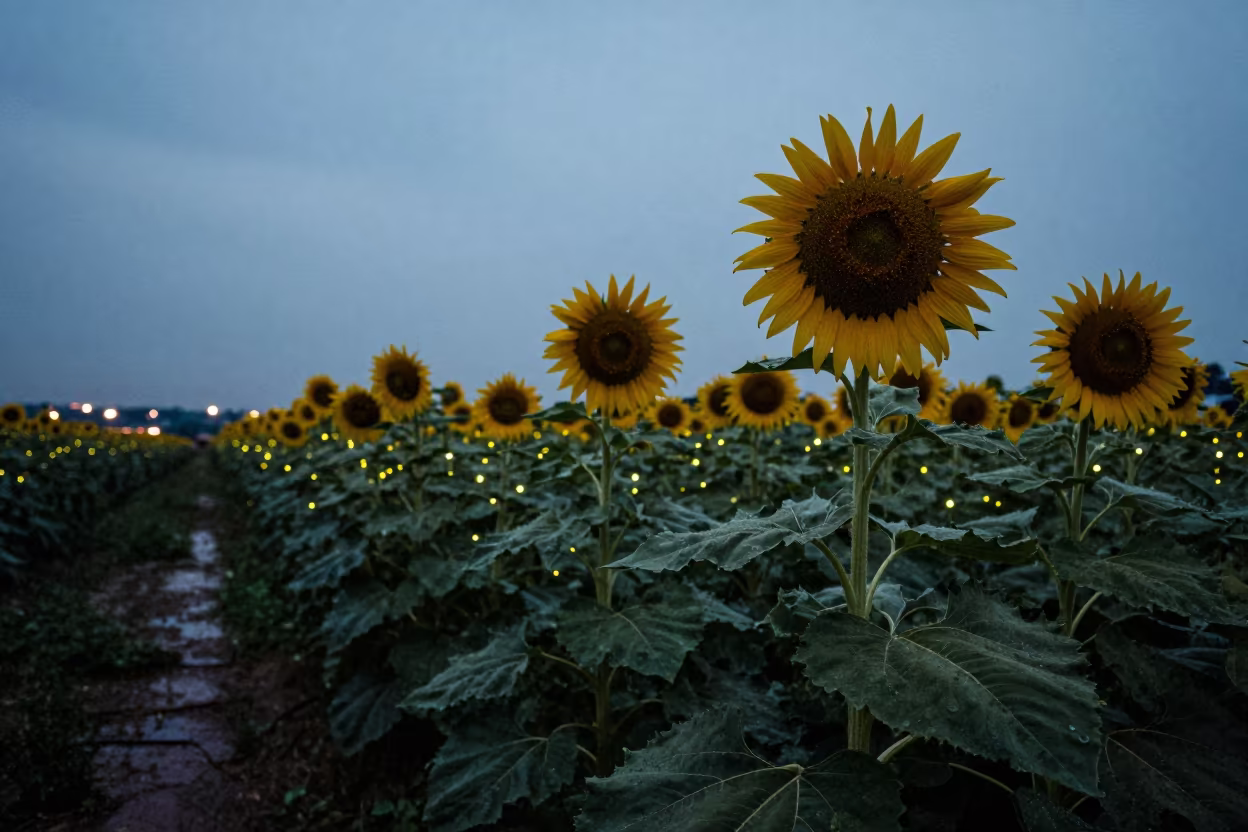 Fireflies Rise Over Ningbo Sunflowers at Dusk in under the clearest stretch of sky near Ningbo
