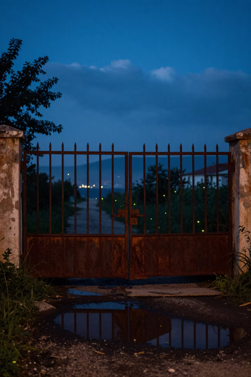 Fireflies Drift Over Rusted Gate Under Izmit Stars in beneath thin cloud gaps and stars near İzmit