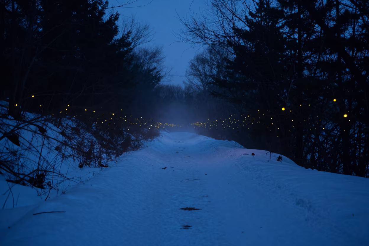 Fireflies Over Snowfields Winter Sky Twilight in beneath a hard winter sky over snowfields in North Korea