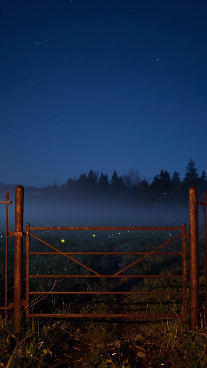 Fireflies and Starlight Over Rusty Gate in Swedish Polar Night in in Sweden