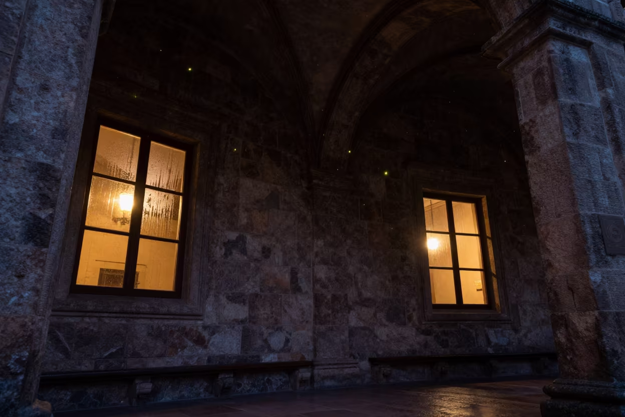 Fireflies in Twilight Stone Chapel Monterrey in inside a quiet cloister passage in Monterrey