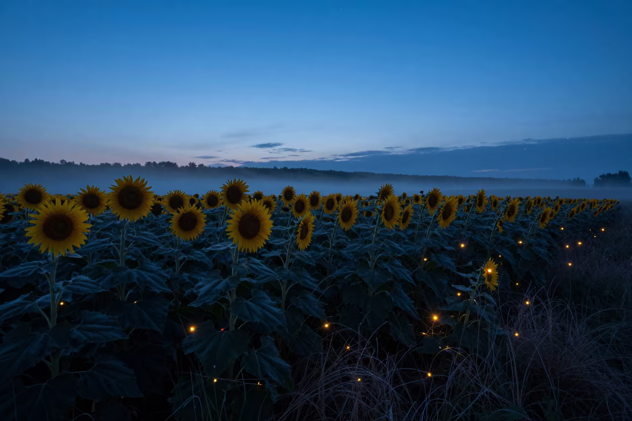Fireflies in Twilight Among Tall Sunflowers in from a frost-hushed ridgeline near Mississauga