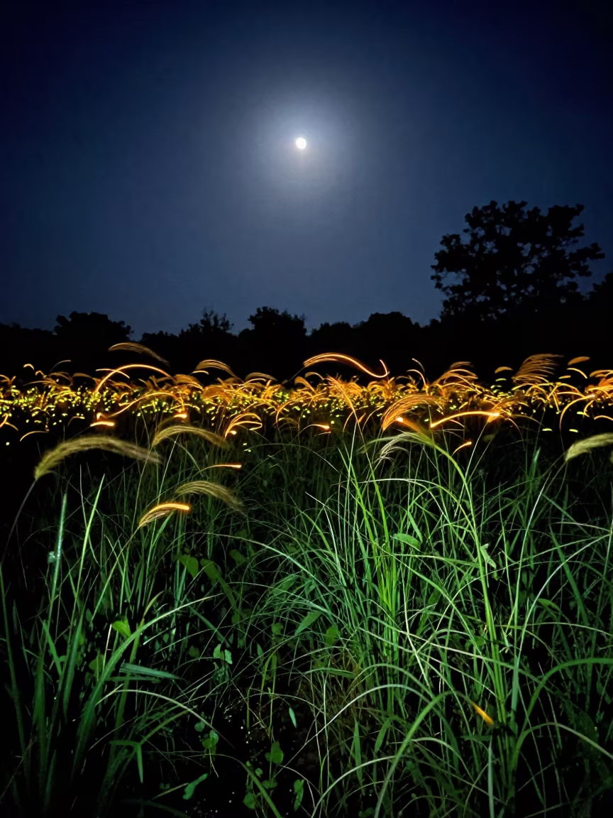 Firefly Light Trails in Rainy Night Meadow in near Bonoua