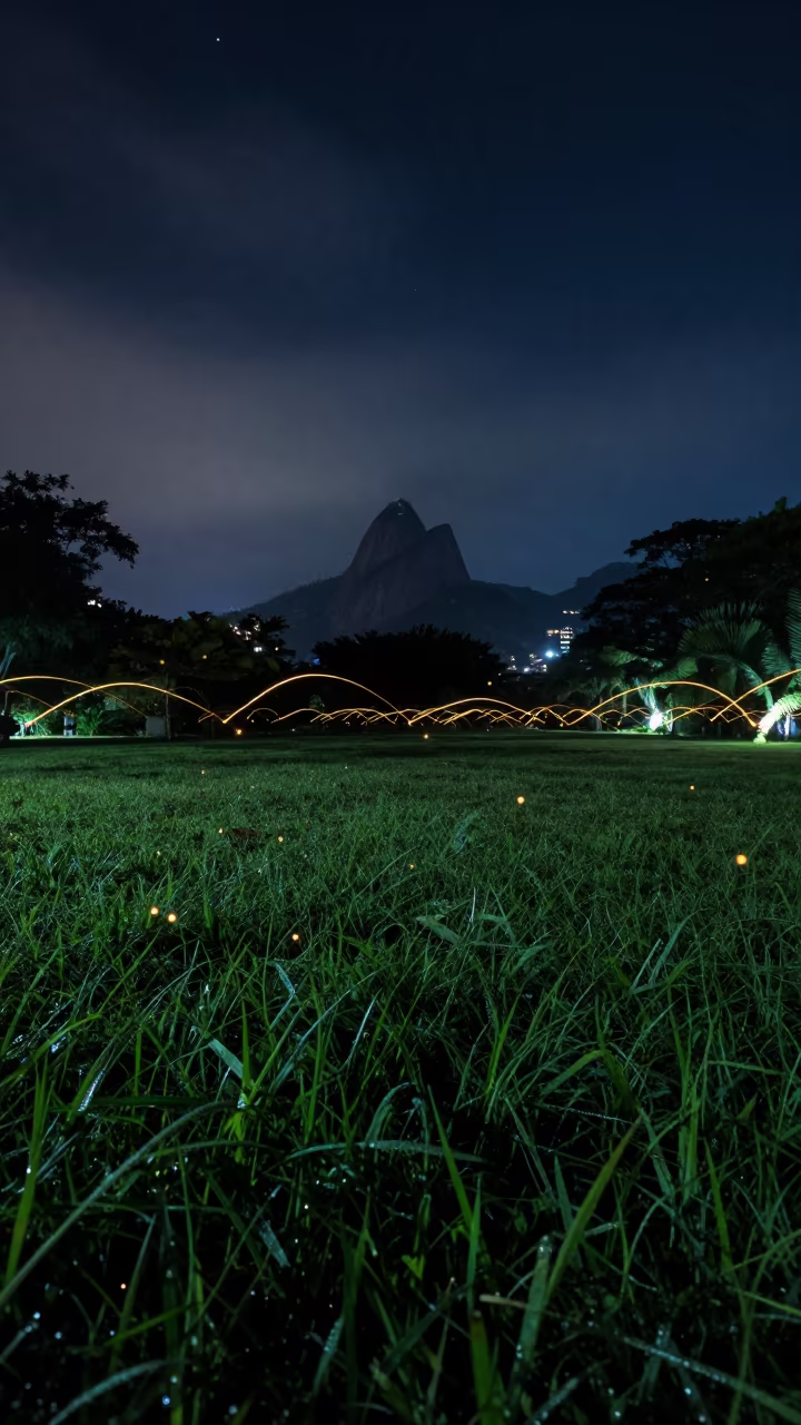 Firefly Light Trails Over Rio Meadow at Night in in Rio de Janeiro state