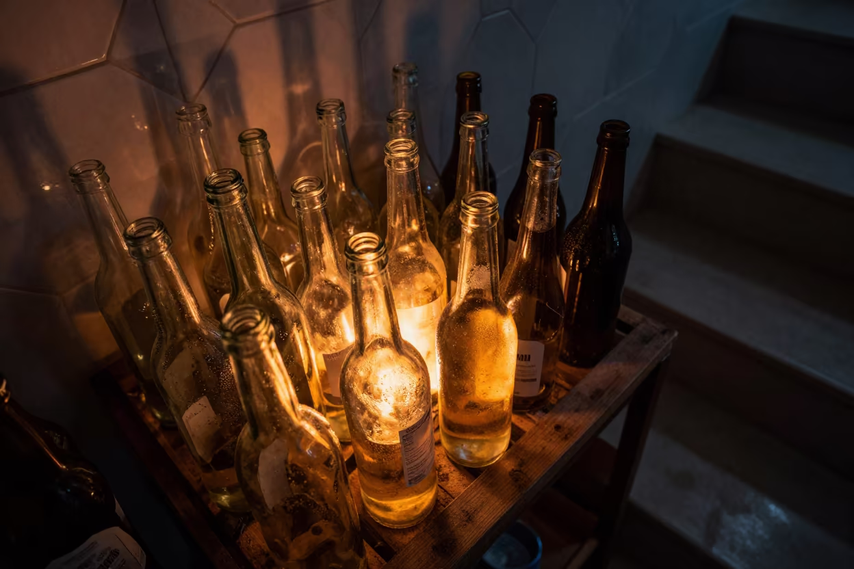 Firelight Bottles on Dusty Tiled Stair Hall Shelf in inside a tiled stair hall in Nanjing