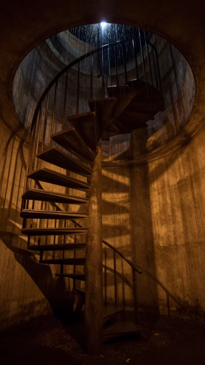Firelight Shadows Spiral Staircase Nacala Monsoon Night in inside a skylit passageway in Nacala