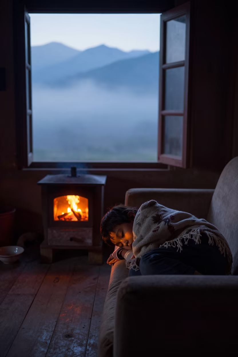 Firelight on Sleeping Child in Pokhara Old Quarter in in the old quarter in Pokhara