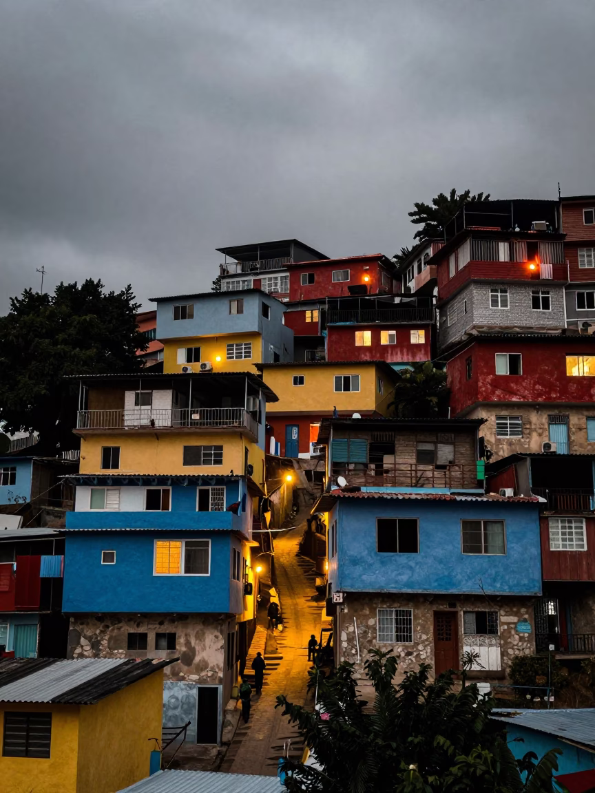 Firelit Favela Facades Under Winter Night Sky in inside a skylit passageway in Dortmund