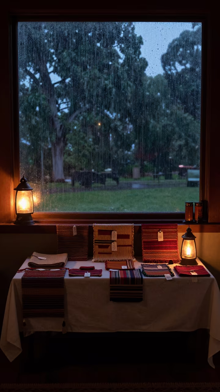 Firelit Heritage Textile Display in Adelaide Alcove in in a ceremonial alcove in Adelaide