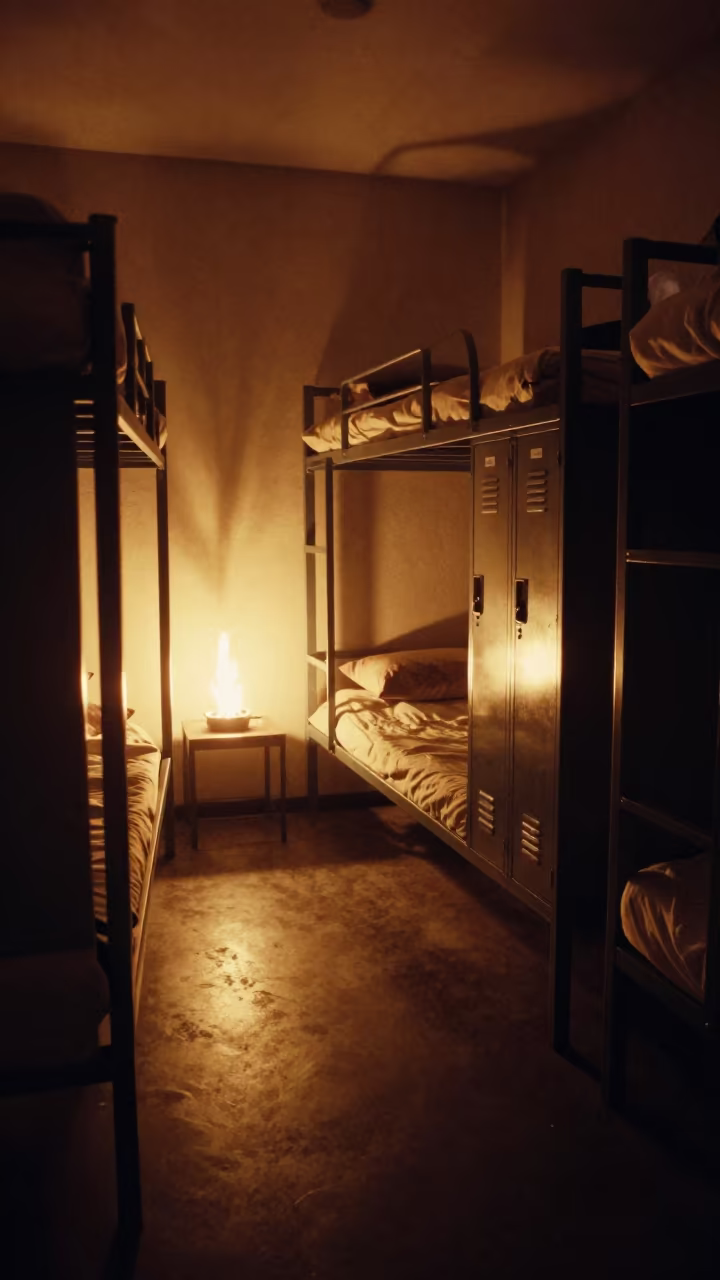 Firelit Hostel Bunk Room With Labeled Lockers in inside a banquet hall before service near Olsztyn