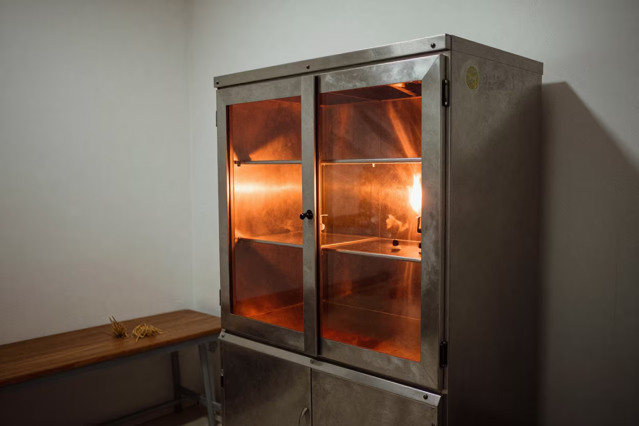 Firelit Medication Cabinet Otavalo Clinic Night in inside a clinic exam room in Otavalo