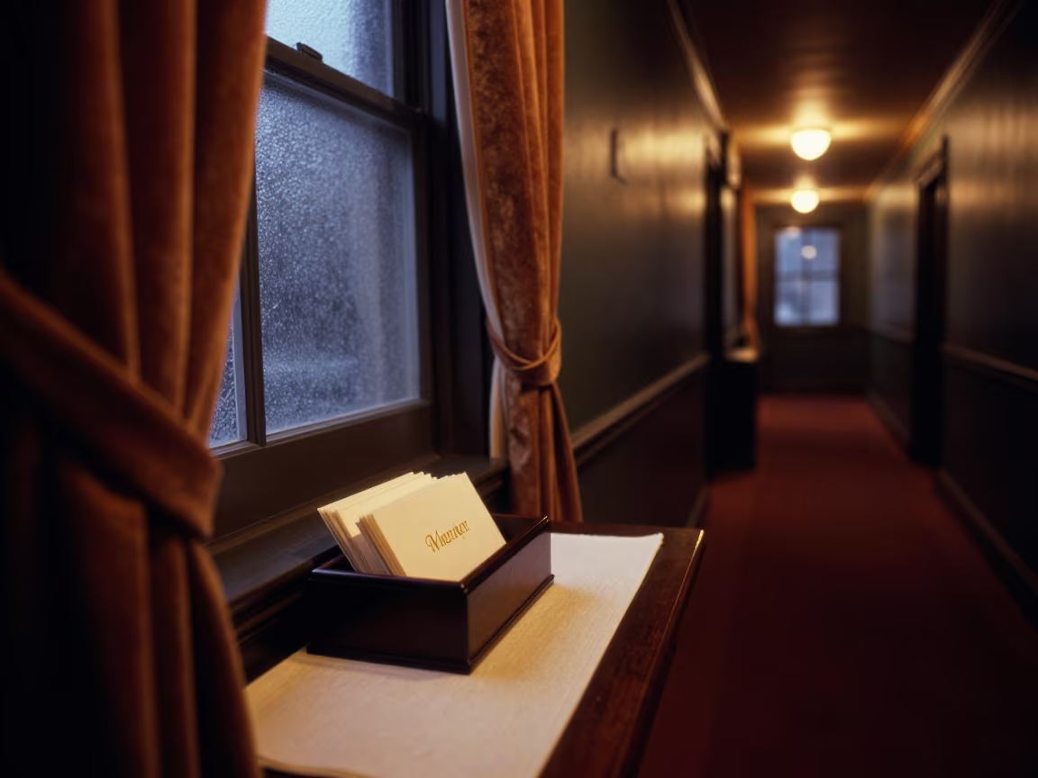 Firelit Place Card Box in Seattle Winter Corridor in in a quiet guest corridor near Seattle