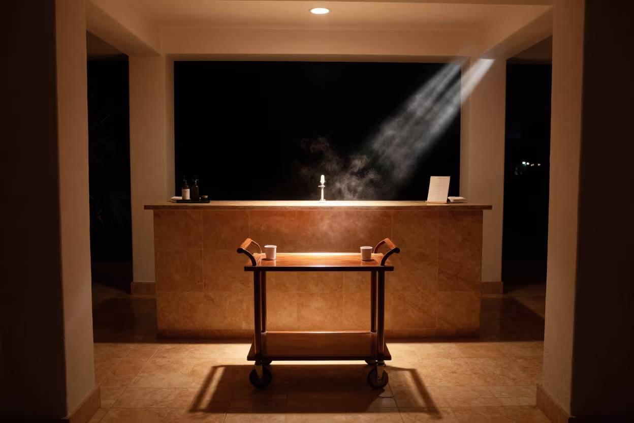 Firelit Spa Crib Wheel Lock Cart Night in inside a spa reception near La Popa, Cartagena