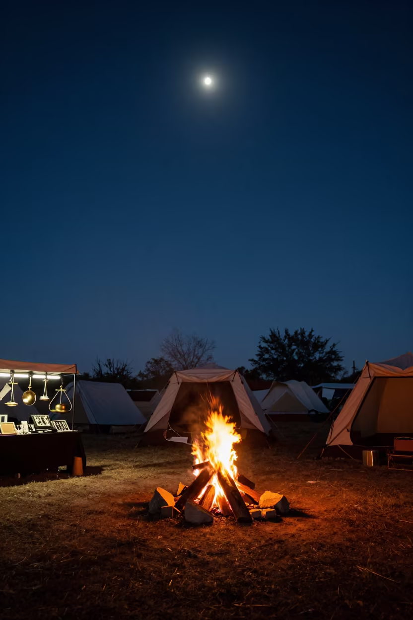 Firelit Tents and Brass Scales Under Night Sky in inside a jeweler's stall with brass scales and trays in San Antonio