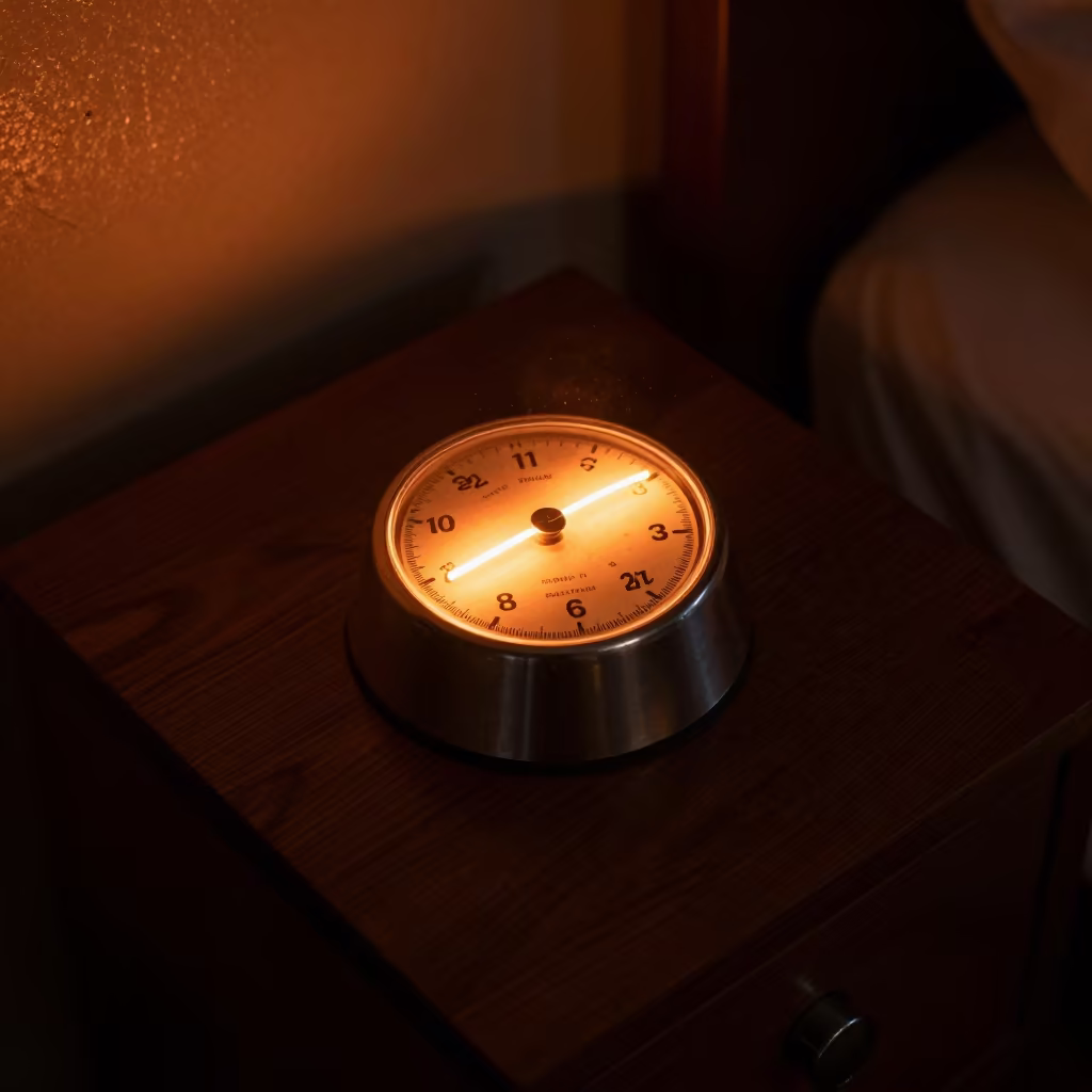 Firelit Timer on Oak Nightstand in Monsoon Nagasaki in on a bedside table in Nagasaki