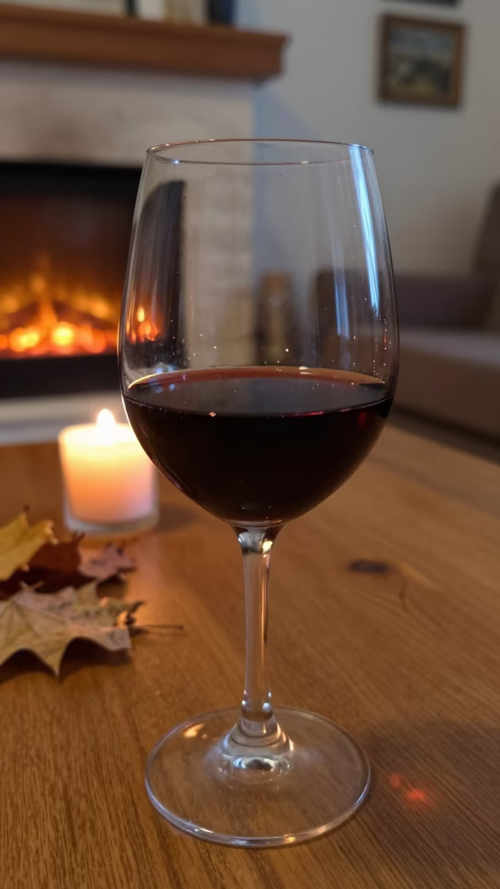 Fireplace Reflected in Wine Glass in in a sunlit living room near Khenchela