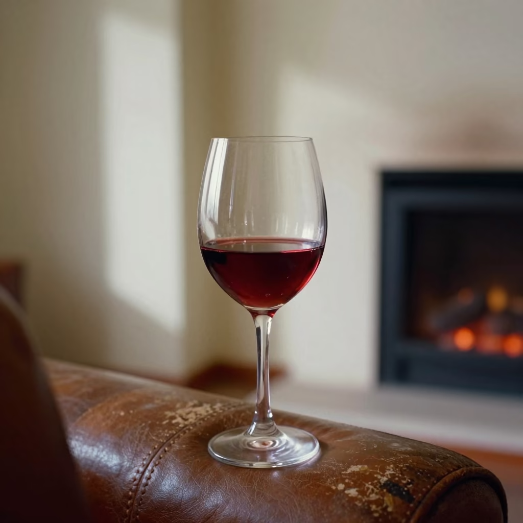 Fireplace Reflection in Wine Glass on Leather Chair in on a worn leather armchair in Madurai