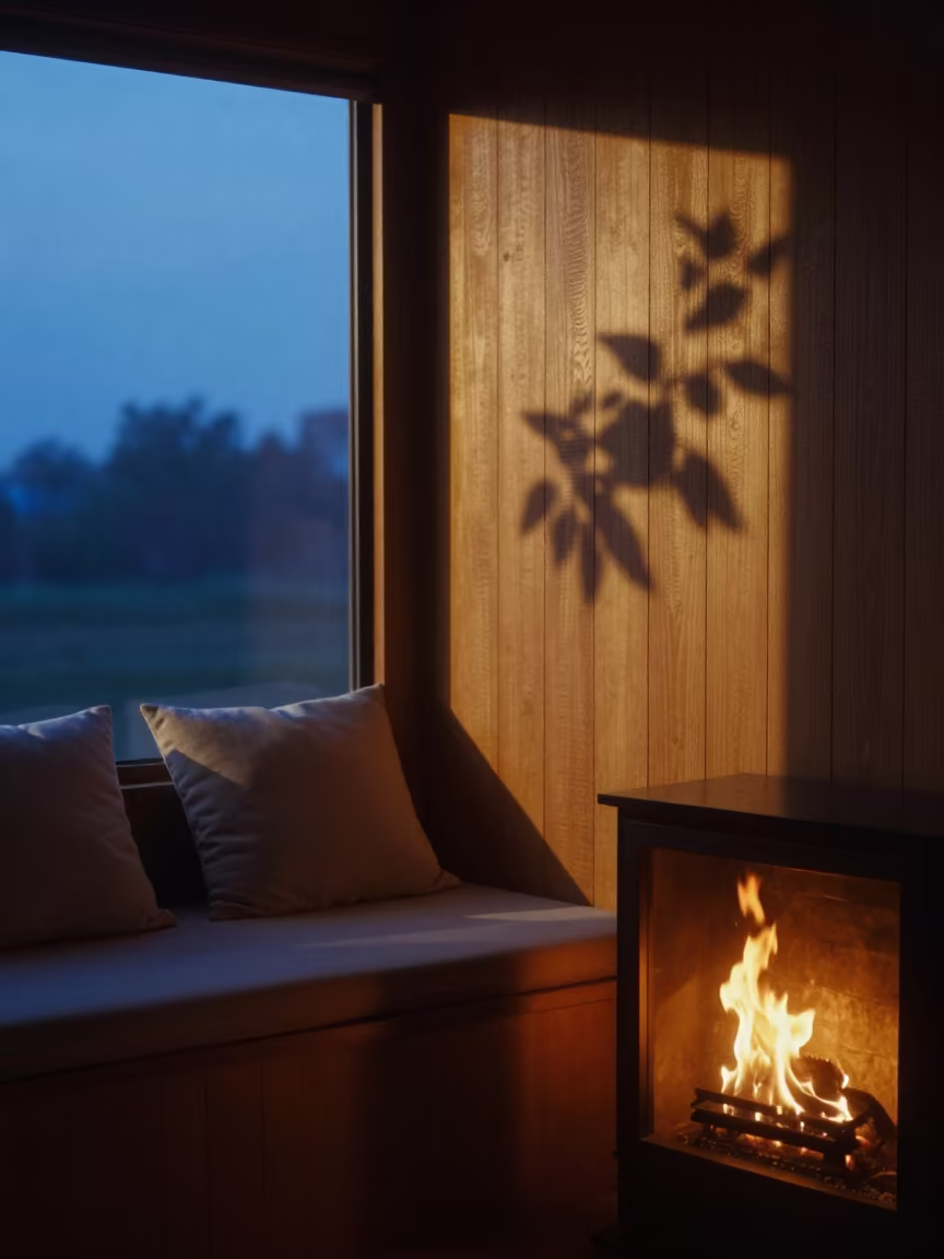 Fireside Shadows Dance on Paneled Wall in Twilight in on a window seat near Narsingdi