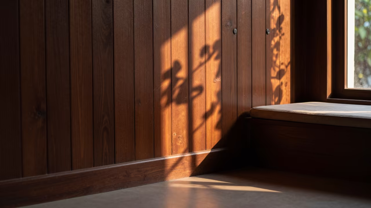 Fireside Shadows on Paneled Wall Near Window Seat in on a window seat near Chittagong