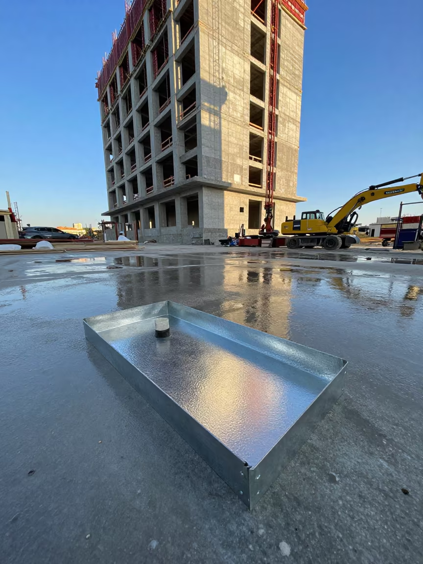 Firestop Inspection Mirror Tray at Dawn in beside a framed building shell in Tekirdağ