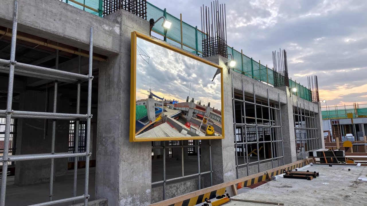 Firestop Inspection Mirror Tray on Fujian Scaffold in along a scaffolded facade in Fujian