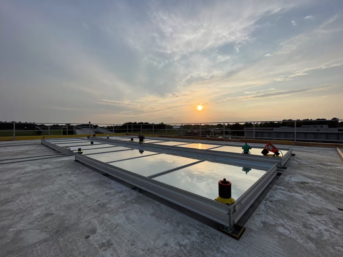 Firestop Mirror Tray on Lombardy Construction Deck at Sunset in on an active construction deck in Lombardy