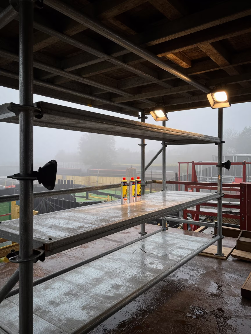 Firestop Sealant Shelf Morning Shadow Yorkshire in along a scaffolded facade in Yorkshire