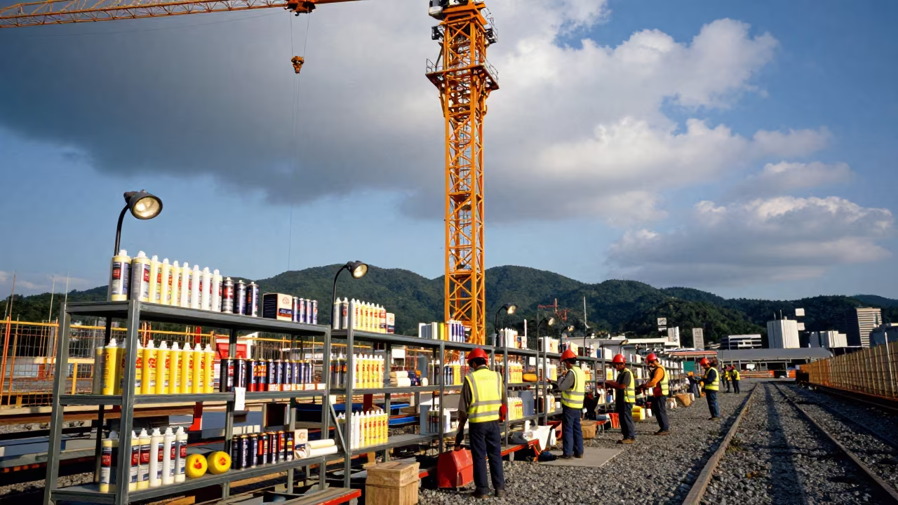 Firestop Sealant Shelf Under Crane in Hiroshima in beneath a tower crane on open ground in Hiroshima