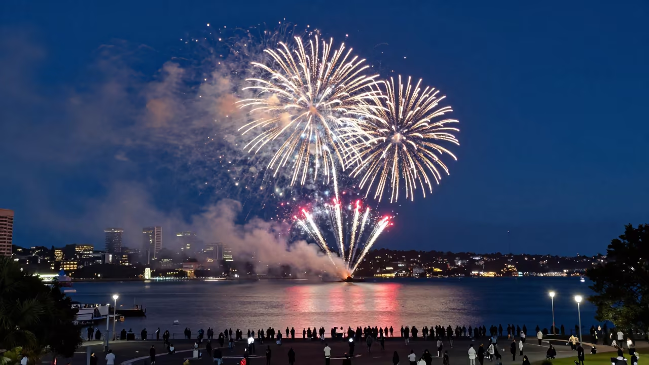 Fireworks Burst Over Auckland Harbor Twilight in at a public square during a festival in Auckland