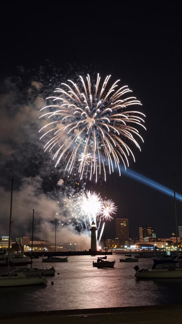 Fireworks Over Barcelona Harbor at Midnight in at a waterfront celebration in Barcelona
