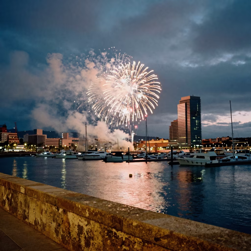 Fireworks Over Barcelona Harbor Winter Night in at a festival street procession near Barcelona