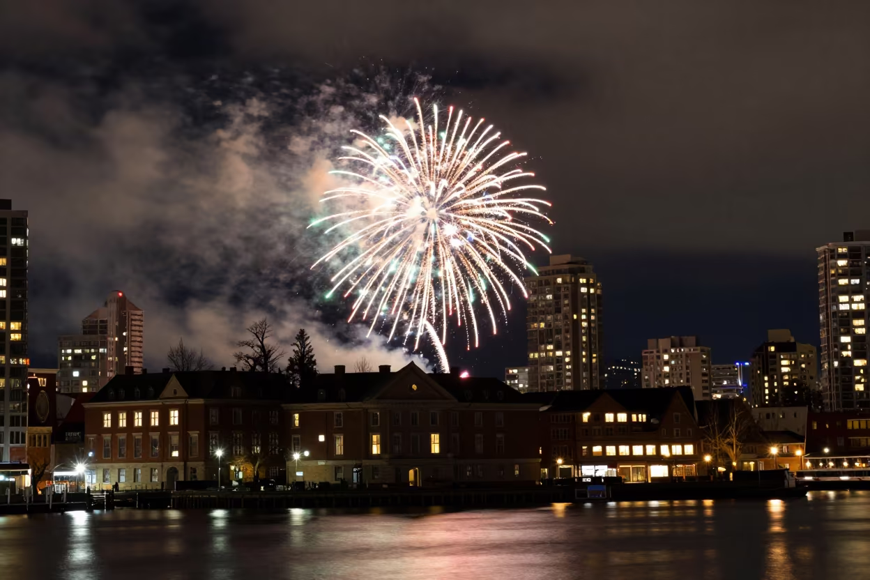Fireworks Over Vancouver Harbor at Night in at a waterfront celebration near Gastown, Vancouver