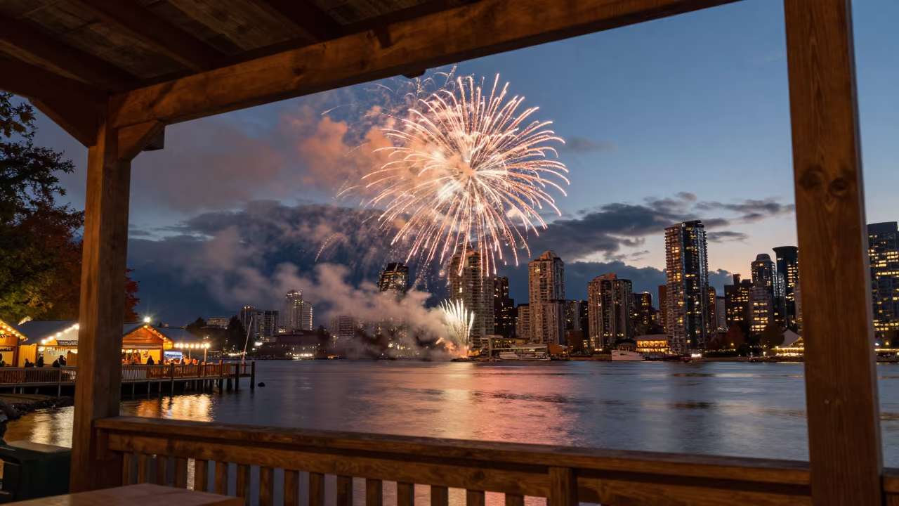 Fireworks Over Yaletown Harbor Before Dusk in at a night market in Yaletown, Vancouver