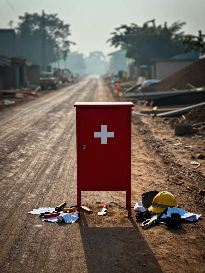First Aid Cabinet on Muddy Benin Jobsite Road in at a muddy site access road in Benin