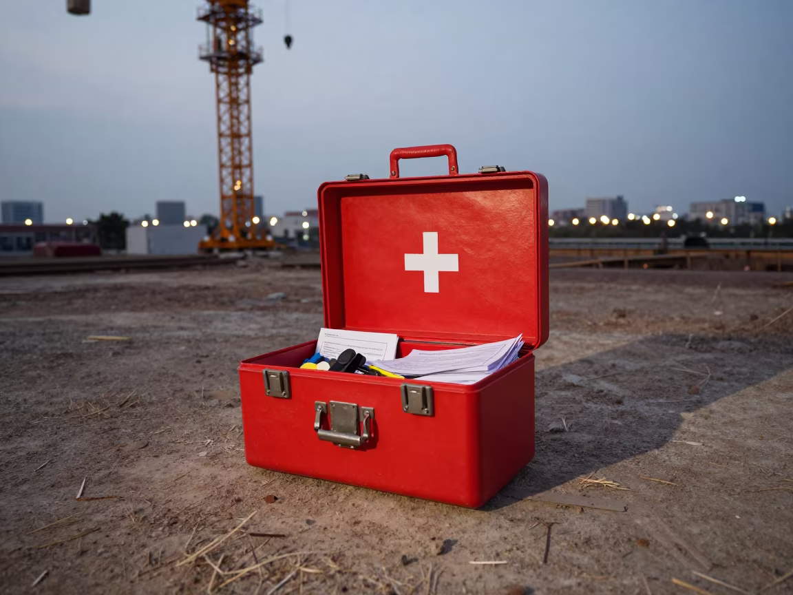 First Aid Cabinet Under Tower Crane in Da Nang in beneath a tower crane on open ground near Da Nang
