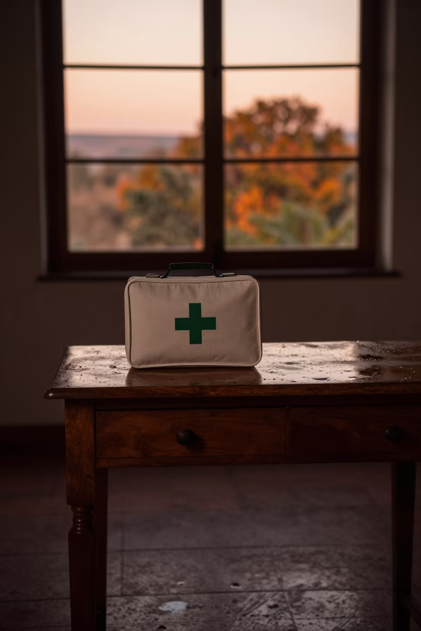 First Aid Kit on Desk in Queretaro Autumn Dusk in on a writing desk in Santiago de Querétaro