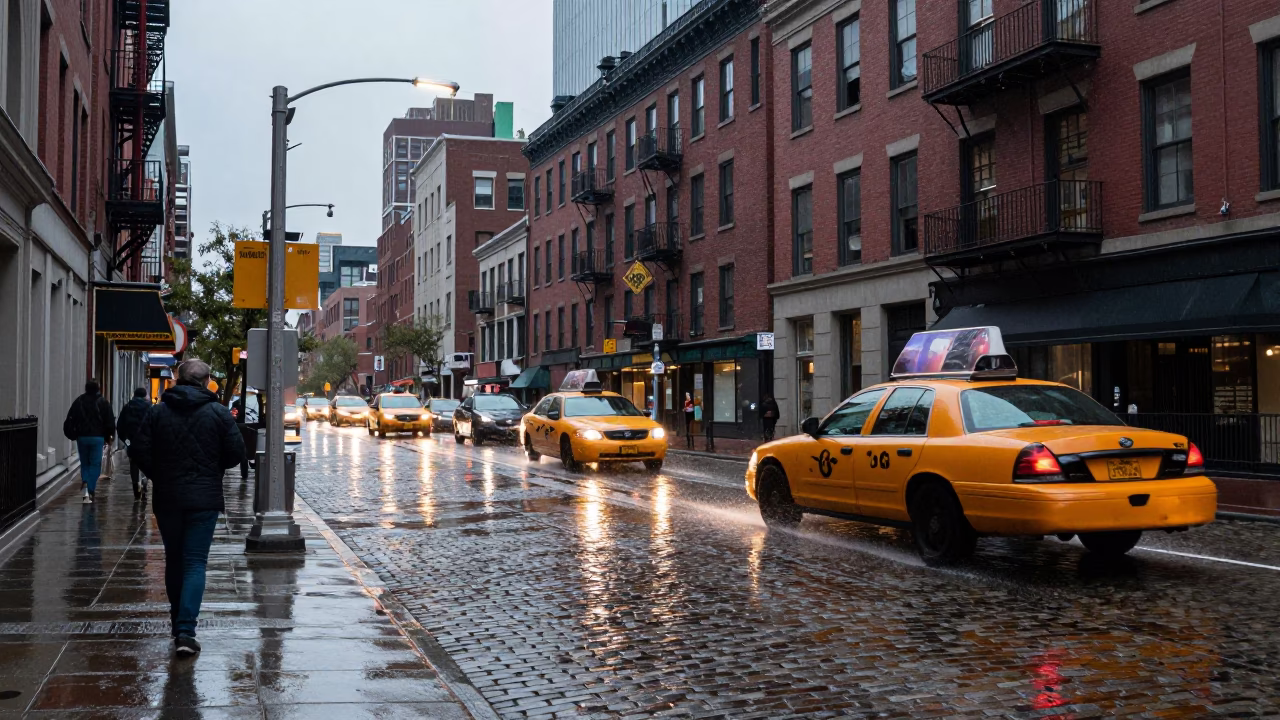 First Light After Rain Illuminates Busy Boston Street Corner Scene in in Boston, Massachusetts, United States