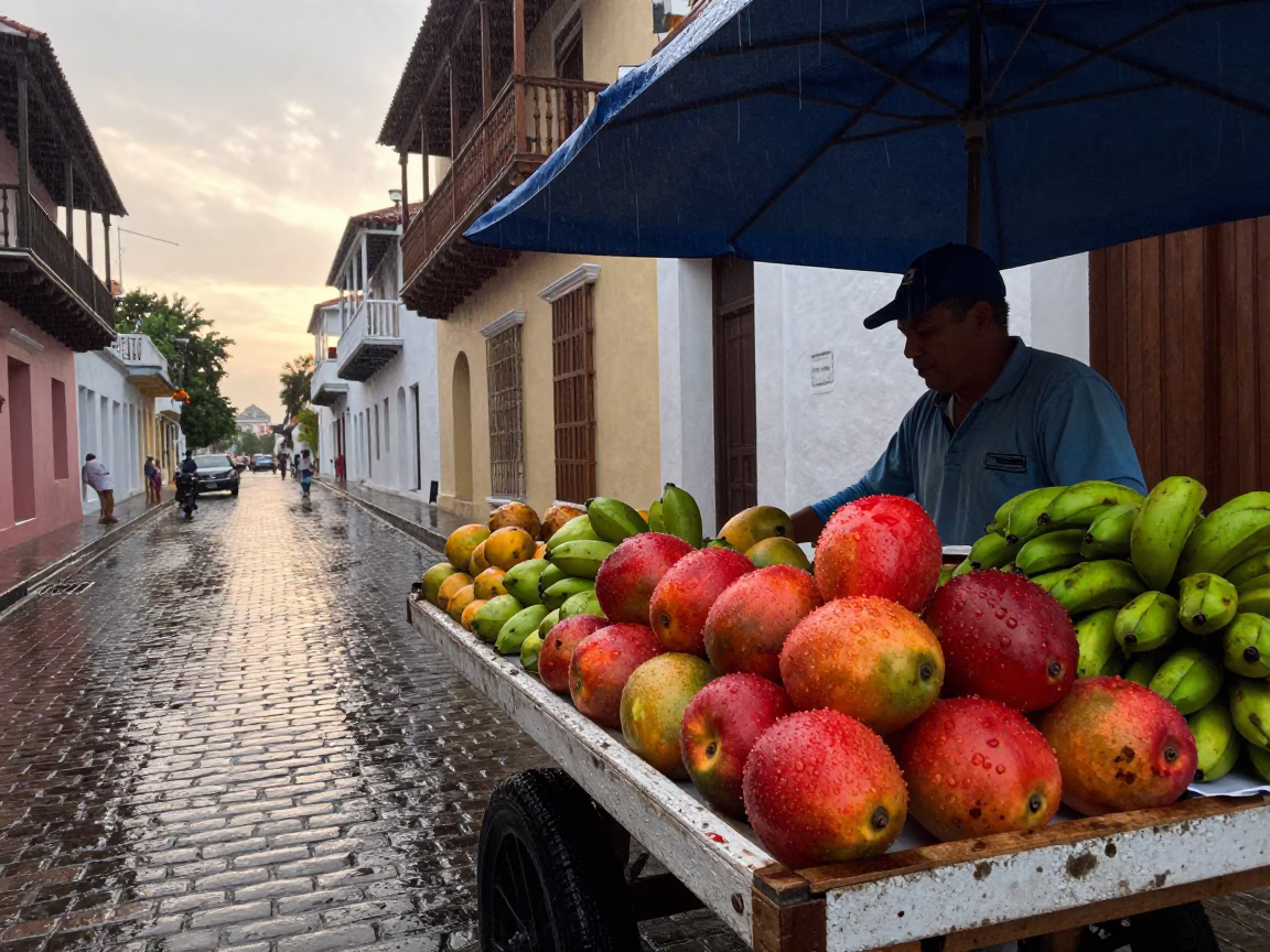 First Light After Rain in Cartagena Colombia Street Scene in in Cartagena, Colombia