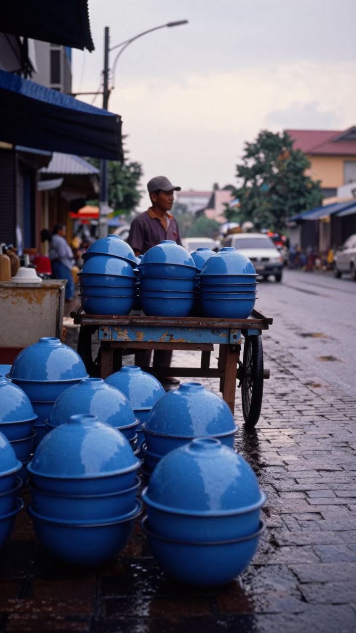 First Light After Rain Phnom Penh Street Scene with Glossy Enamel Bowls in in Phnom Penh, Cambodia