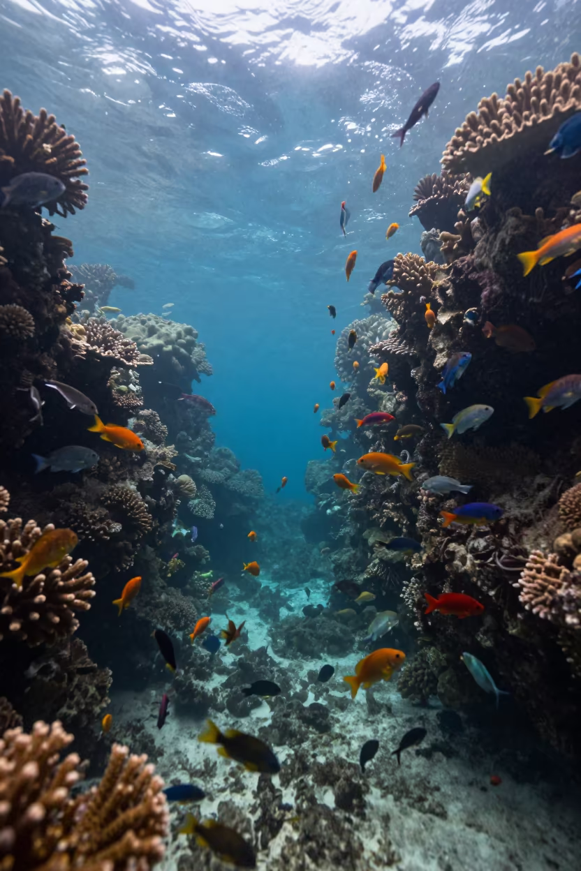 First Light on Belize Reef Fish School in beside a reef crevice under clear water near Belize City