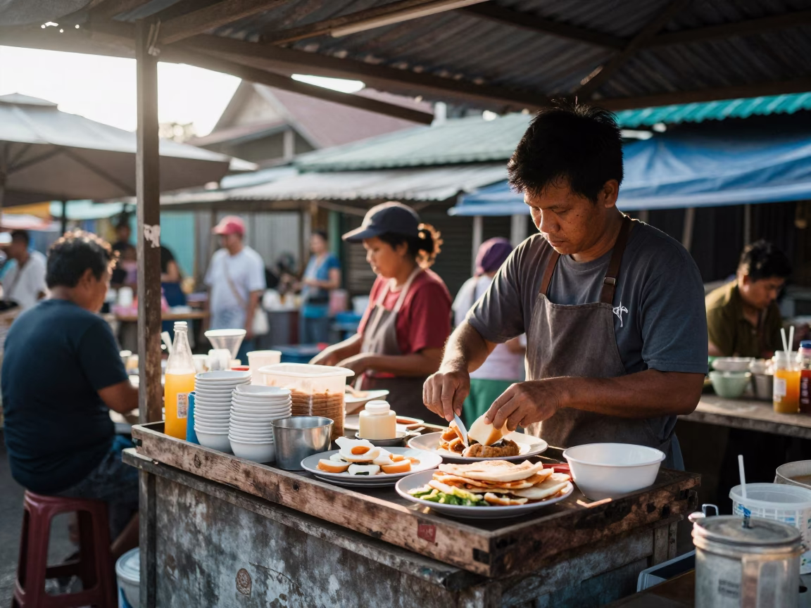 First Light Breakfast Scene at Phuket Street Market with Wooden Tray and Porcelain Bowl in in Phuket, Thailand