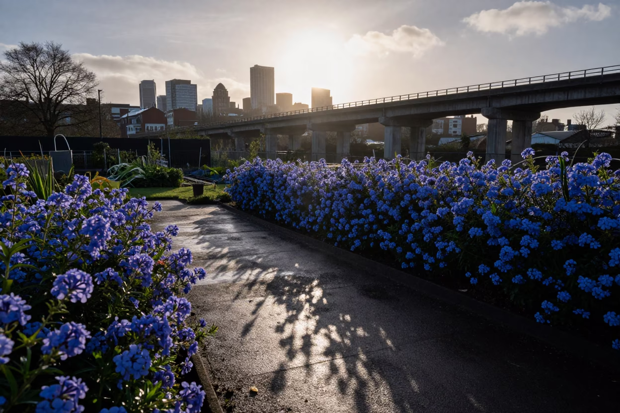 First Light Bristol Viaduct Shadow Allotment Garden Plumbago Hedge Rain in in Bristol, United Kingdom